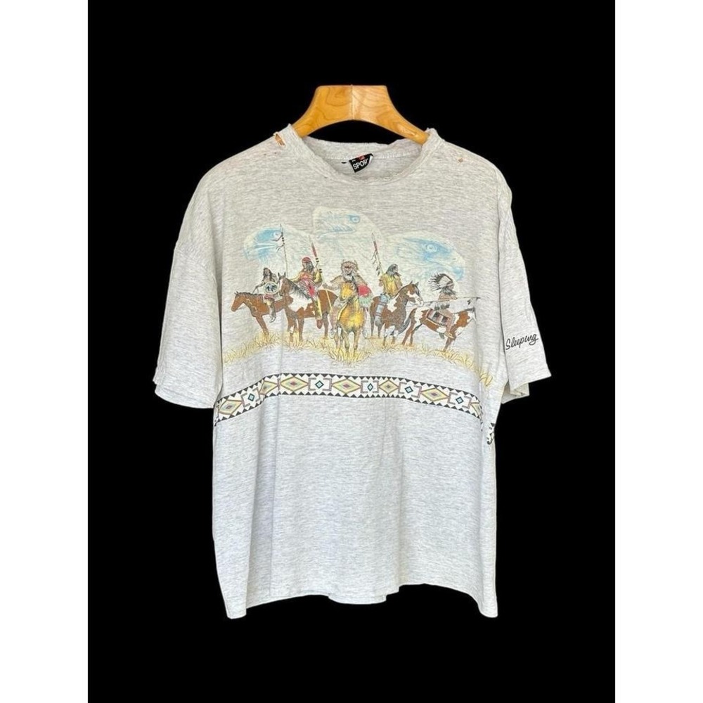 Vintage 1991 Habitat T Shirt‎ Mens XXL Grey Short Sleeve Native American Eagles